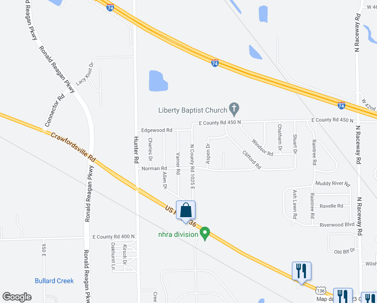 map of restaurants, bars, coffee shops, grocery stores, and more near 4372 North County Road 1025 East in Indianapolis