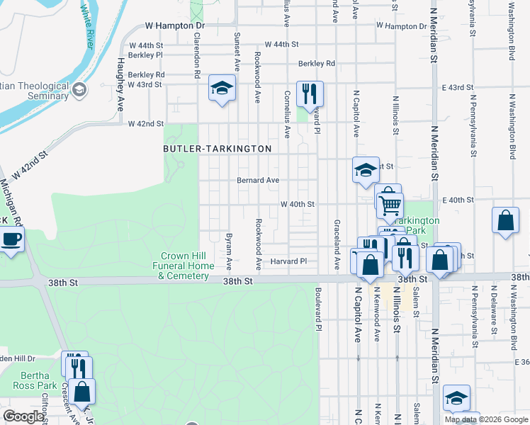 map of restaurants, bars, coffee shops, grocery stores, and more near 3947 Rookwood Avenue in Indianapolis