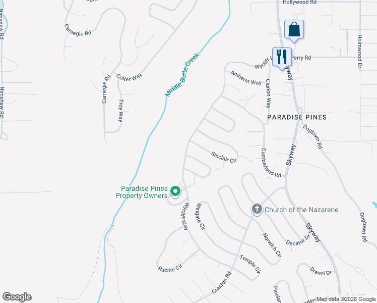 map of restaurants, bars, coffee shops, grocery stores, and more near 14258 Wycliff Way in Magalia