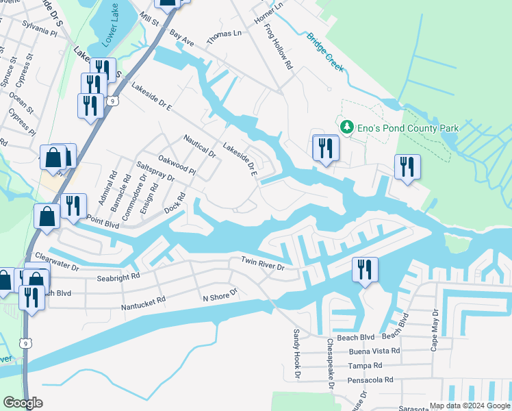 map of restaurants, bars, coffee shops, grocery stores, and more near in Lacey Township