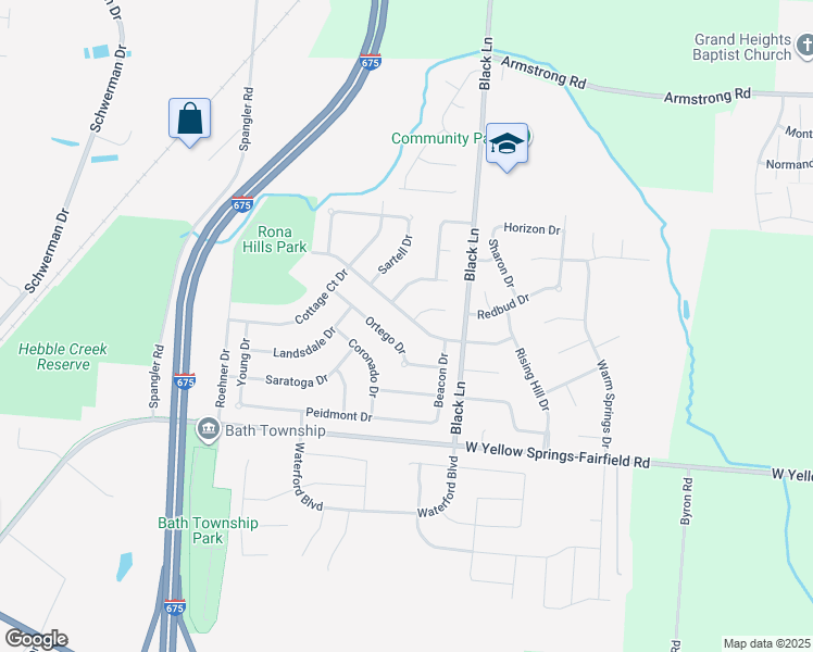 map of restaurants, bars, coffee shops, grocery stores, and more near 1204 Rona Pkwy Dr in Fairborn