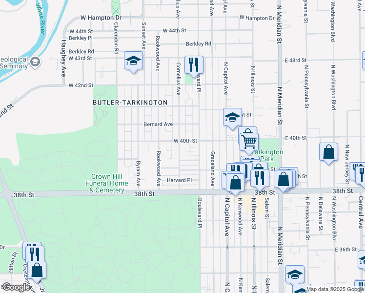 map of restaurants, bars, coffee shops, grocery stores, and more near 3958 Cornelius Avenue in Indianapolis