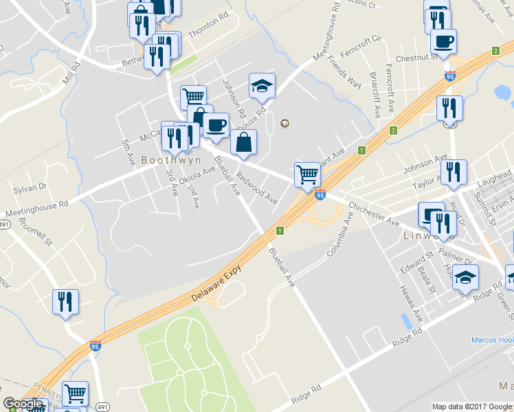 map of restaurants, bars, coffee shops, grocery stores, and more near 1121 Scott Avenue in Boothwyn