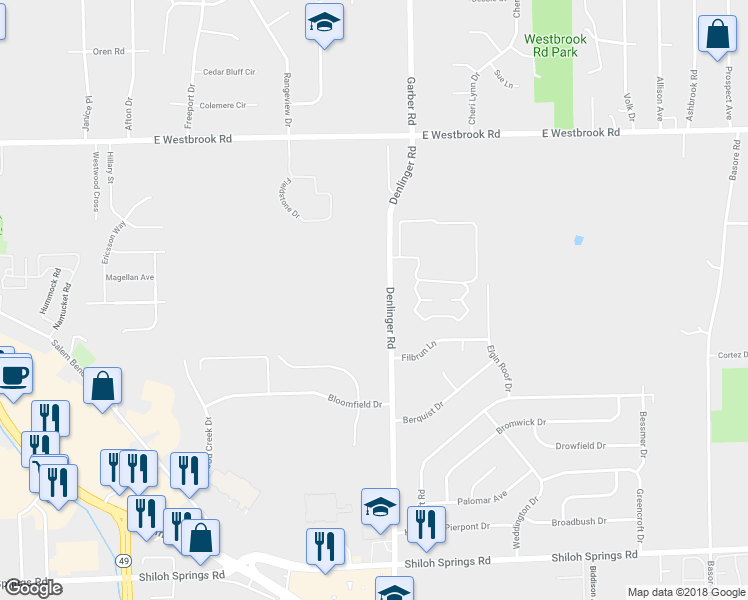 map of restaurants, bars, coffee shops, grocery stores, and more near 5701 Denlinger Road in Dayton