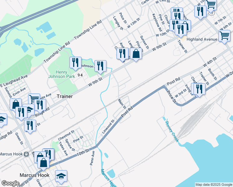 map of restaurants, bars, coffee shops, grocery stores, and more near 608 Main Street in Trainer