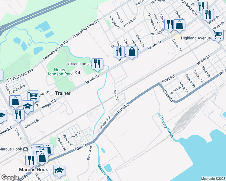map of restaurants, bars, coffee shops, grocery stores, and more near 608 Main Street in Trainer