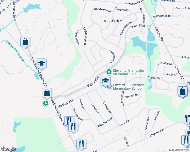 map of restaurants, bars, coffee shops, grocery stores, and more near 6 Woodhurst Drive in Voorhees Township