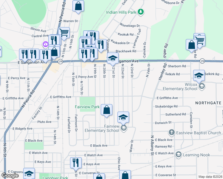 map of restaurants, bars, coffee shops, grocery stores, and more near 2021 North 21st Street in Springfield