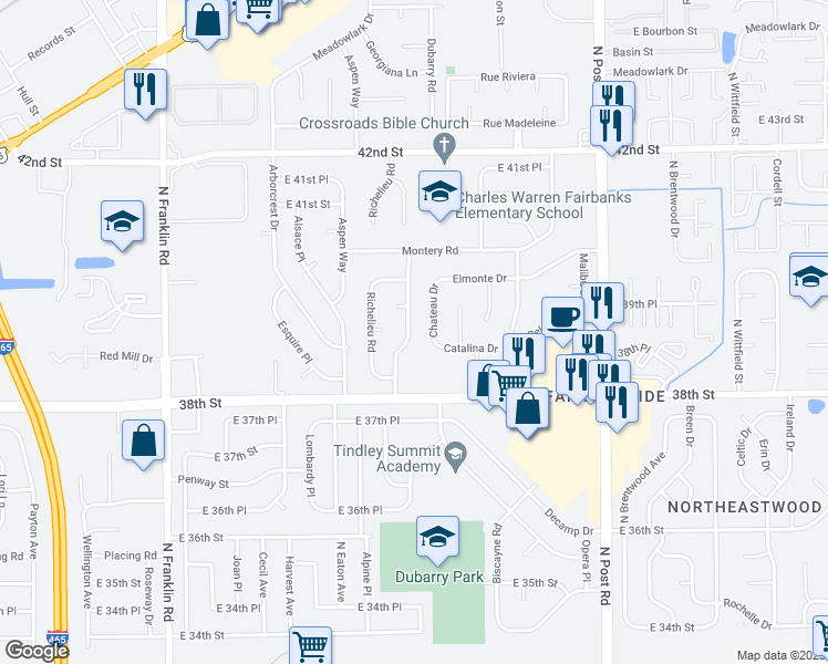map of restaurants, bars, coffee shops, grocery stores, and more near 3903 Marseille Road in Indianapolis