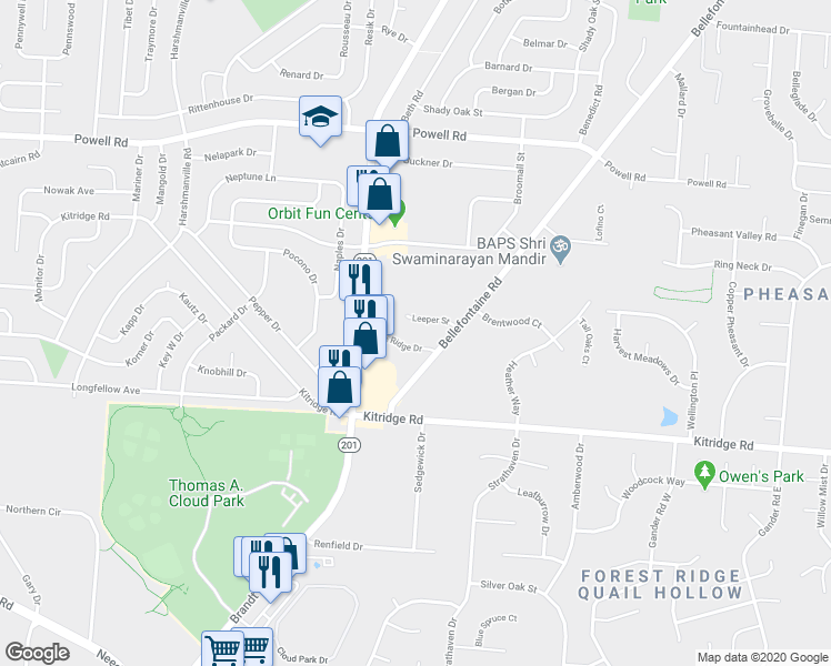 map of restaurants, bars, coffee shops, grocery stores, and more near 5151 Bellefontaine Road in Dayton