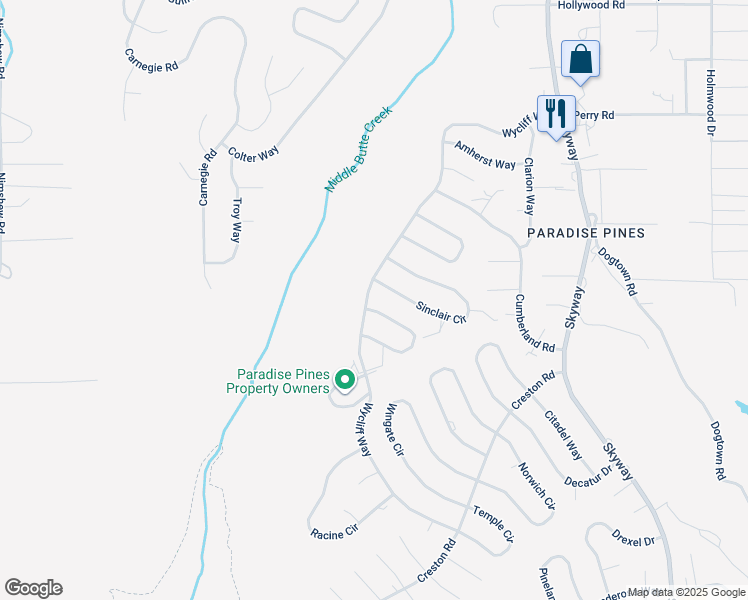 map of restaurants, bars, coffee shops, grocery stores, and more near 14258 Wycliff Way in Magalia