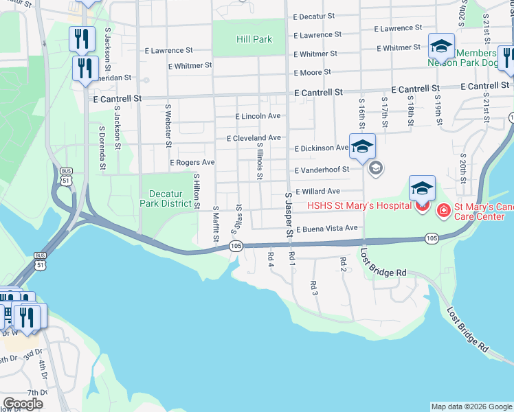 map of restaurants, bars, coffee shops, grocery stores, and more near 1000-1048 East Riverside Avenue in Decatur