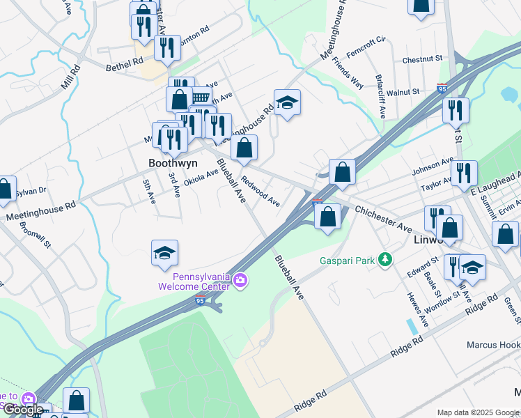 map of restaurants, bars, coffee shops, grocery stores, and more near 1121 Scott Avenue in Boothwyn