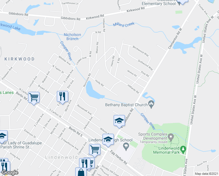 map of restaurants, bars, coffee shops, grocery stores, and more near 50 Holly Road in Gibbsboro