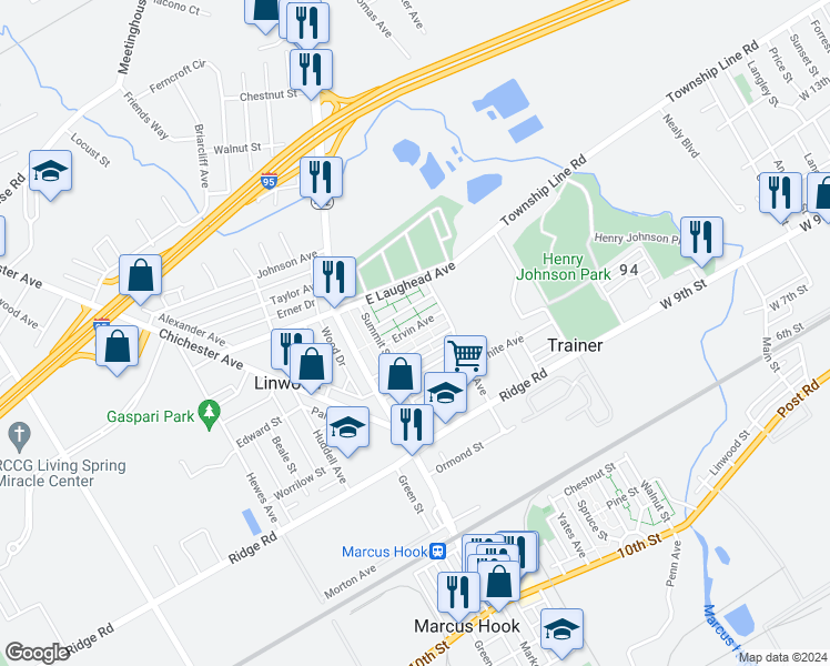 map of restaurants, bars, coffee shops, grocery stores, and more near 133 Ervin Avenue in Linwood