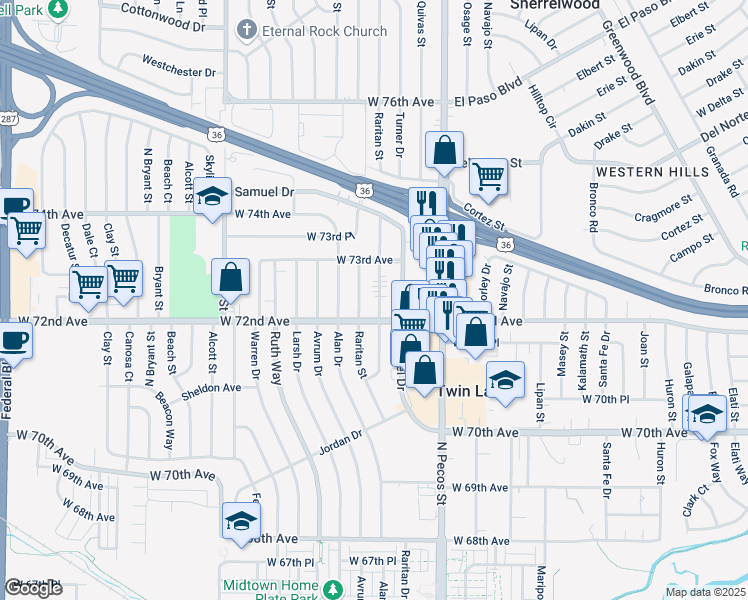 map of restaurants, bars, coffee shops, grocery stores, and more near 7231 Quivas Street in Denver