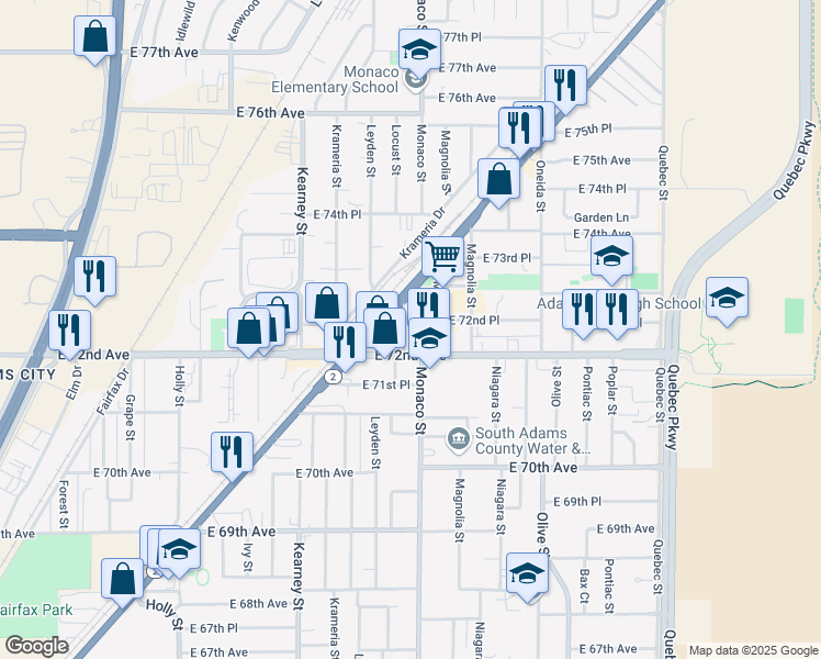 map of restaurants, bars, coffee shops, grocery stores, and more near 7240 North Locust Street in Commerce City