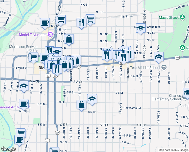 map of restaurants, bars, coffee shops, grocery stores, and more near 54 S 14th St in Richmond