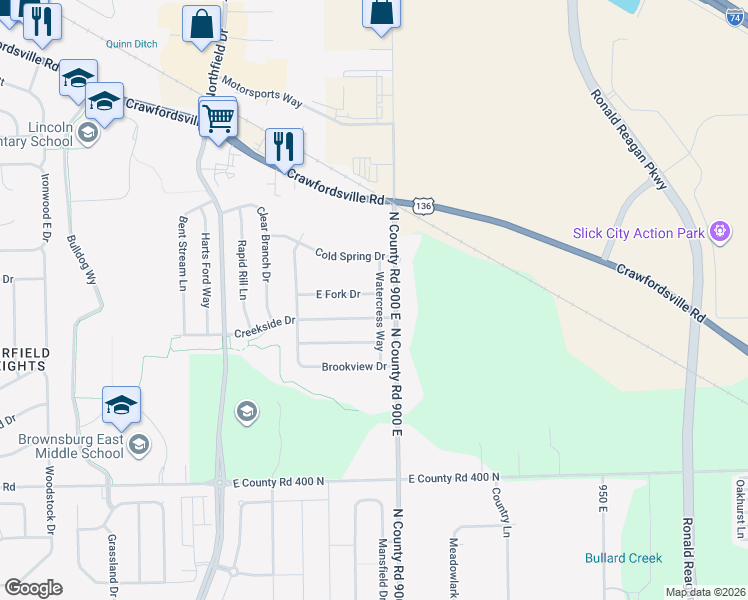 map of restaurants, bars, coffee shops, grocery stores, and more near 1871 East Fork Drive in Brownsburg