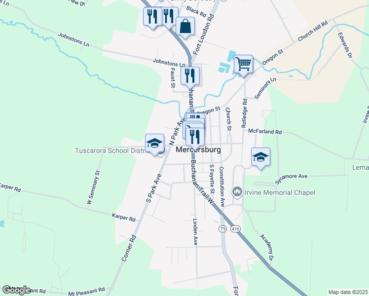 map of restaurants, bars, coffee shops, grocery stores, and more near 32 West Seminary Street in Mercersburg