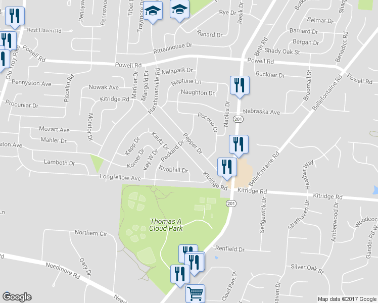 map of restaurants, bars, coffee shops, grocery stores, and more near 4397 Kitridge Road in Dayton