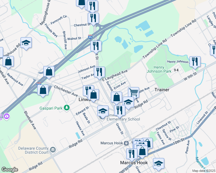 map of restaurants, bars, coffee shops, grocery stores, and more near 1568 Summit Street in Marcus Hook