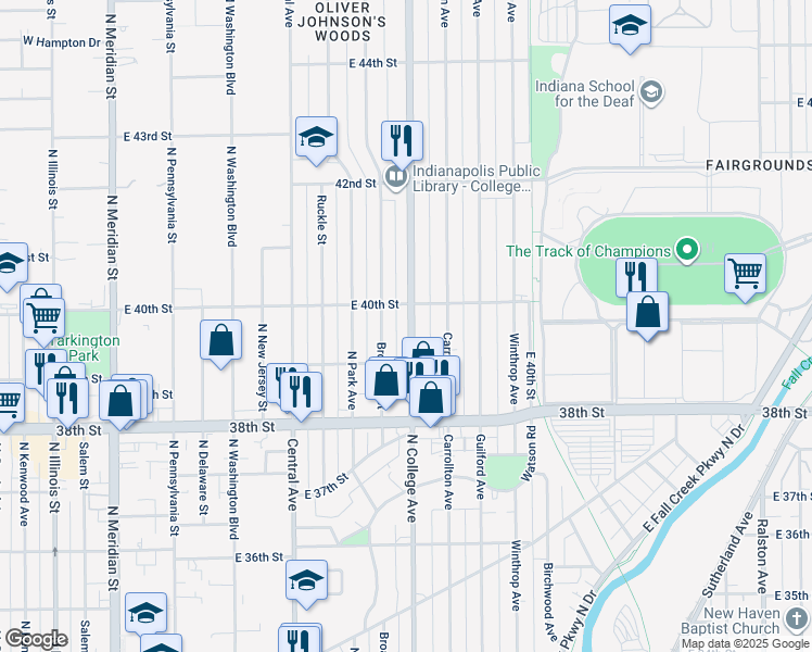 map of restaurants, bars, coffee shops, grocery stores, and more near 3948 North College Avenue in Indianapolis
