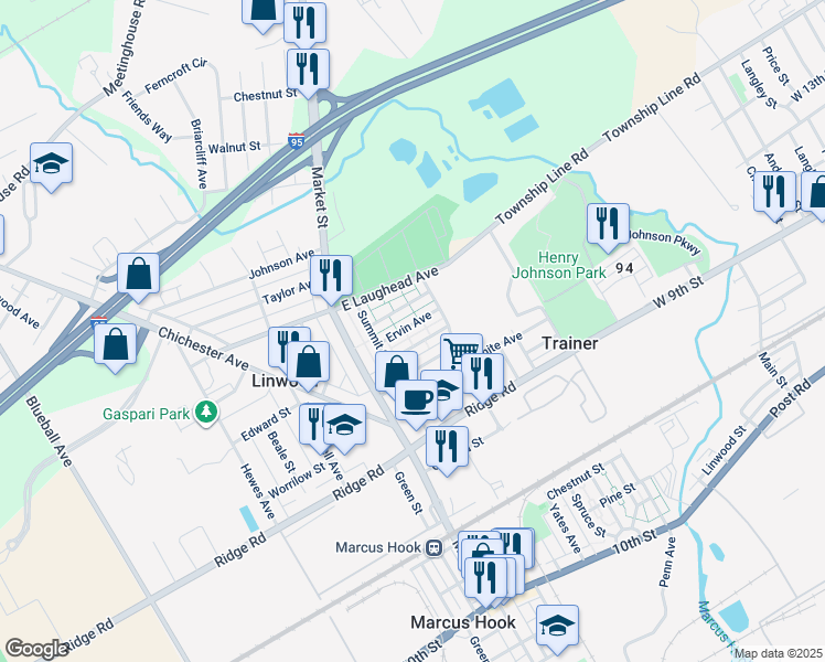 map of restaurants, bars, coffee shops, grocery stores, and more near 133 Ervin Avenue in Linwood