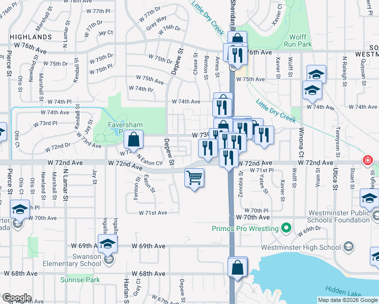 map of restaurants, bars, coffee shops, grocery stores, and more near 7214 Benton Street in Westminster
