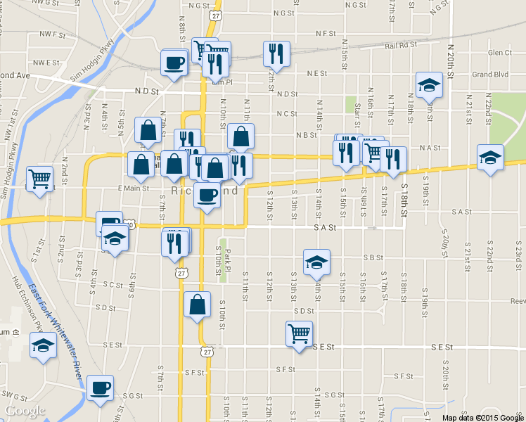 map of restaurants, bars, coffee shops, grocery stores, and more near 42 South 12th Street in Richmond