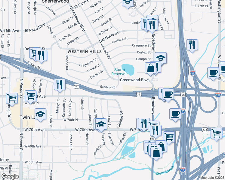 map of restaurants, bars, coffee shops, grocery stores, and more near 480 Bronco Road in Denver