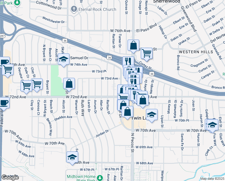 map of restaurants, bars, coffee shops, grocery stores, and more near 7231 Quivas Street in Denver