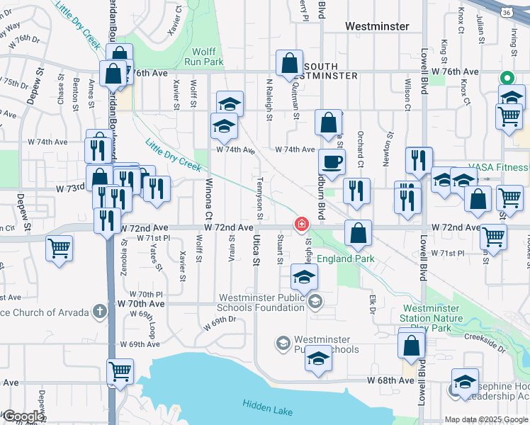 map of restaurants, bars, coffee shops, grocery stores, and more near 4199 West 72nd Avenue in Westminster