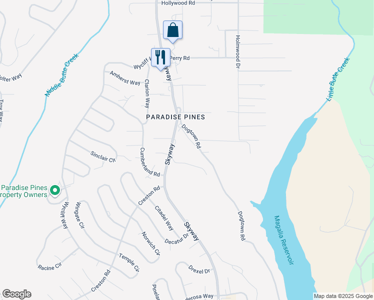 map of restaurants, bars, coffee shops, grocery stores, and more near 14360 Skyway in Magalia