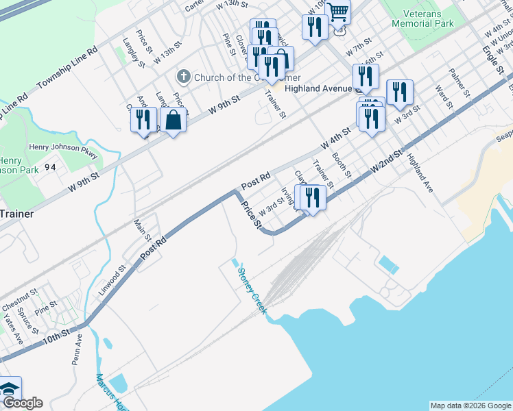 map of restaurants, bars, coffee shops, grocery stores, and more near 11 Union Street in Trainer