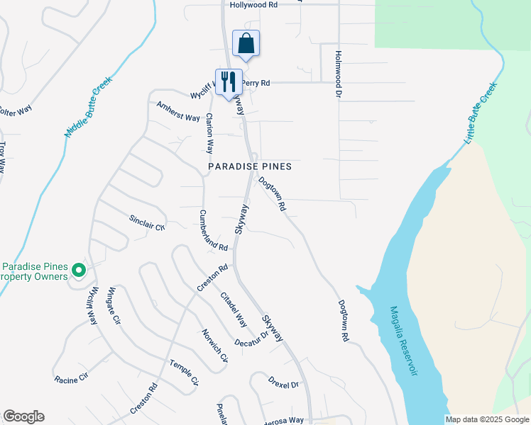 map of restaurants, bars, coffee shops, grocery stores, and more near 14360 Skyway Road in Magalia