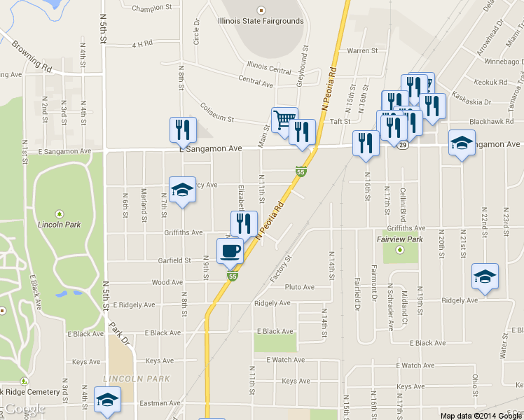map of restaurants, bars, coffee shops, grocery stores, and more near 2033 North 11th Street in Springfield