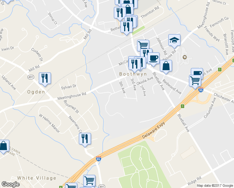 map of restaurants, bars, coffee shops, grocery stores, and more near 1827 Okiola Avenue in Boothwyn