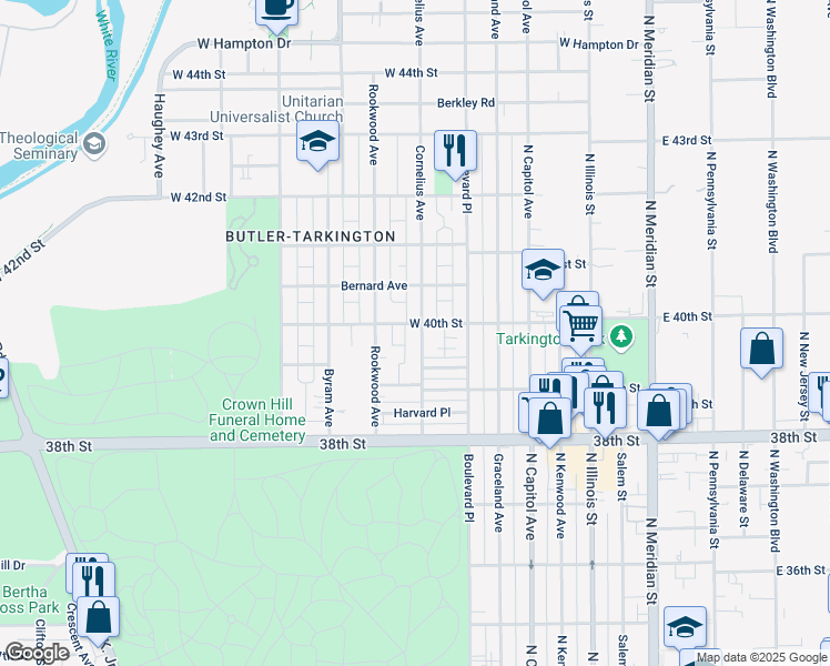 map of restaurants, bars, coffee shops, grocery stores, and more near 3958 Cornelius Avenue in Indianapolis