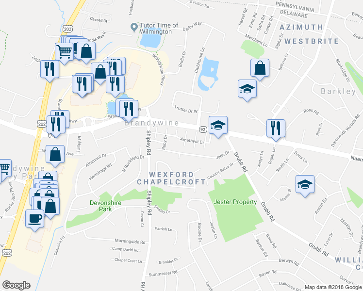 map of restaurants, bars, coffee shops, grocery stores, and more near 3102 Sapphire Court in Wilmington