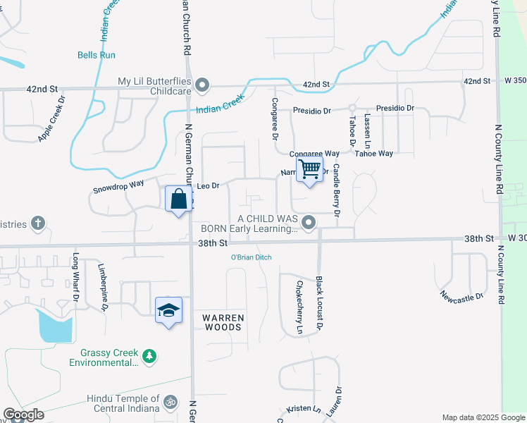 map of restaurants, bars, coffee shops, grocery stores, and more near 3865 Cedar Ridge Road in Indianapolis