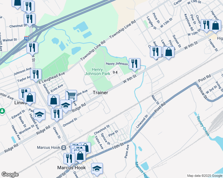 map of restaurants, bars, coffee shops, grocery stores, and more near 4436 Ridge Road in Trainer