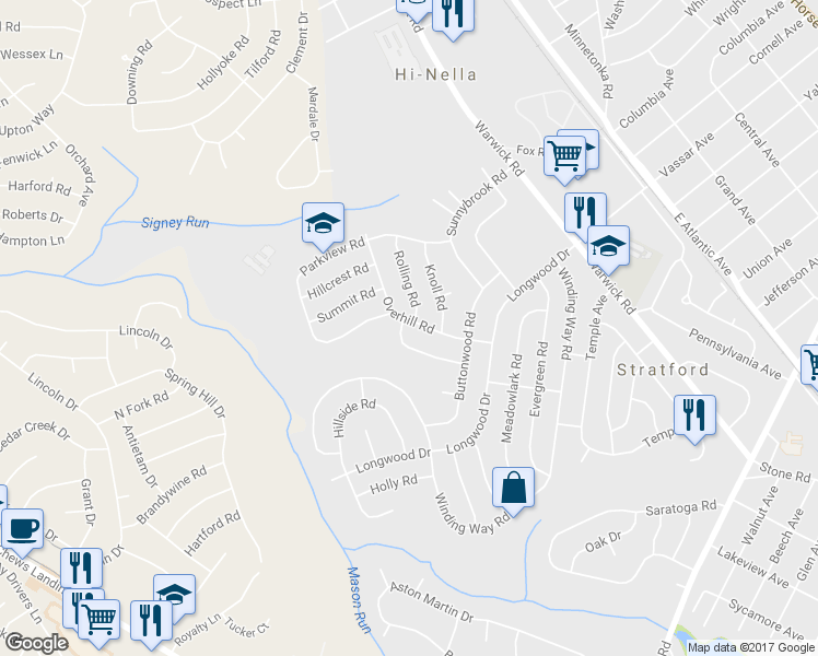 map of restaurants, bars, coffee shops, grocery stores, and more near 26 Overhill Road in Stratford