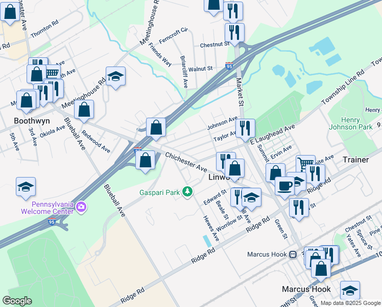 map of restaurants, bars, coffee shops, grocery stores, and more near 617 Taylor Avenue in Boothwyn