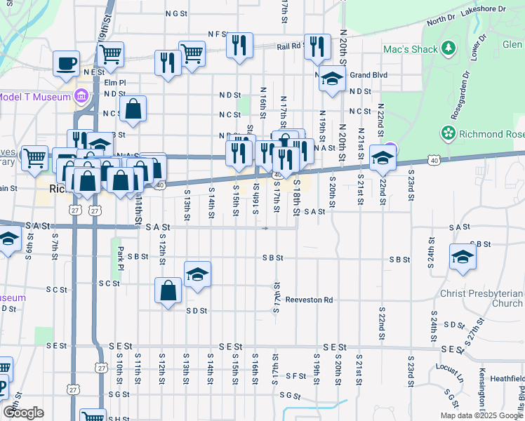map of restaurants, bars, coffee shops, grocery stores, and more near 51 S 16th St in Richmond