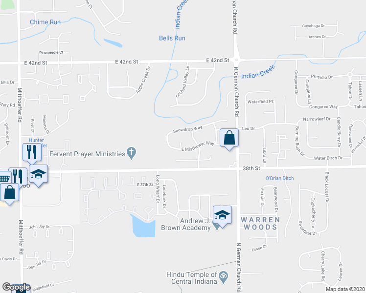 map of restaurants, bars, coffee shops, grocery stores, and more near 10736 Mistflower Way in Indianapolis