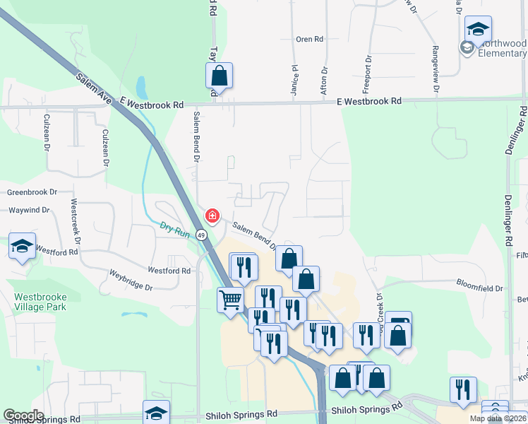 map of restaurants, bars, coffee shops, grocery stores, and more near 5511 Salem Bend Drive in Dayton
