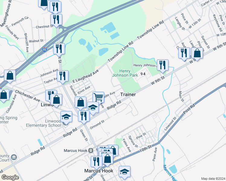 map of restaurants, bars, coffee shops, grocery stores, and more near 300 White Avenue in Linwood