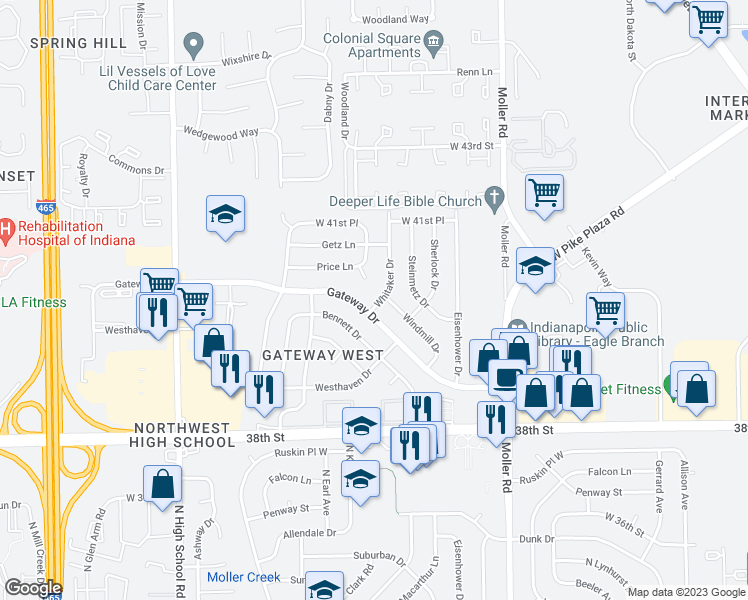 map of restaurants, bars, coffee shops, grocery stores, and more near 4008 Whitaker Drive in Indianapolis