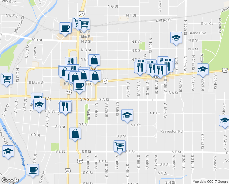 map of restaurants, bars, coffee shops, grocery stores, and more near 36 1/2 South 13th Street in Richmond